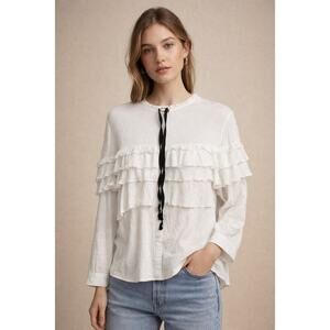 Zara TRF White Ruffle Blouse Tie Neck Long Sleeve Boho Peasant Top Women’s M